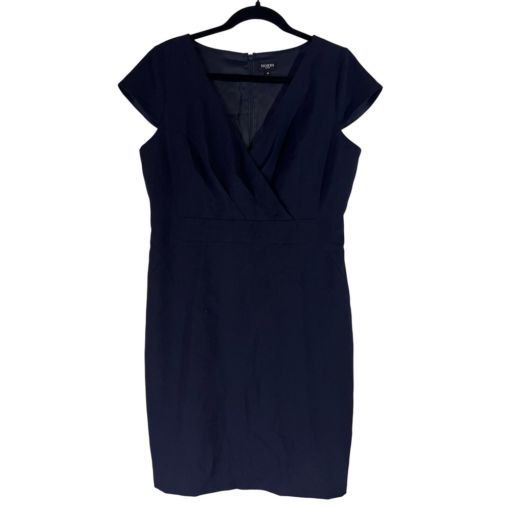 Hobbs London Navy Blue 100% Wool Sheath Dress V-Neck Cap Sleeve Size 14